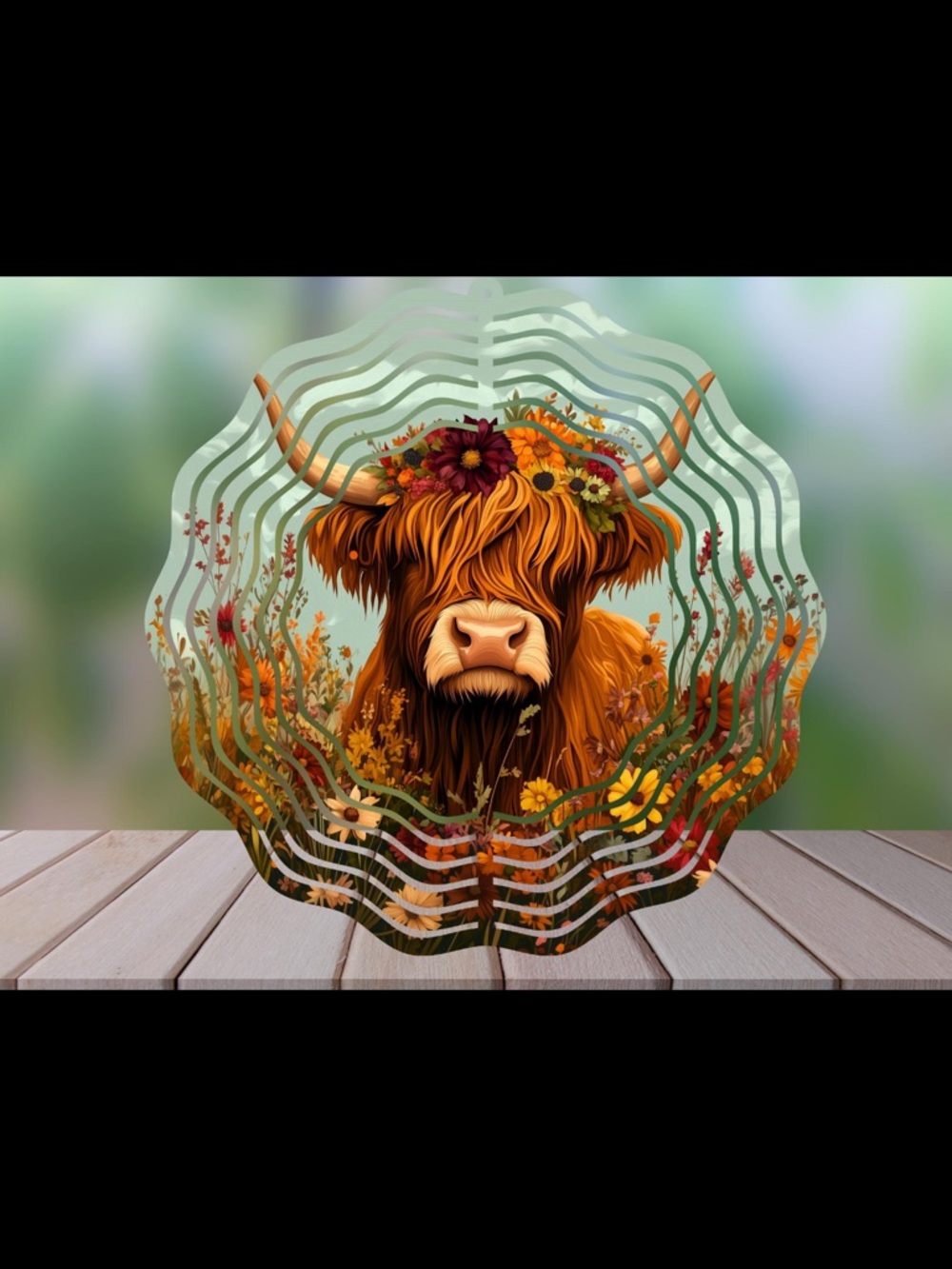 Highland Cow Floral 8 inch wind spinner - Orange & Brown